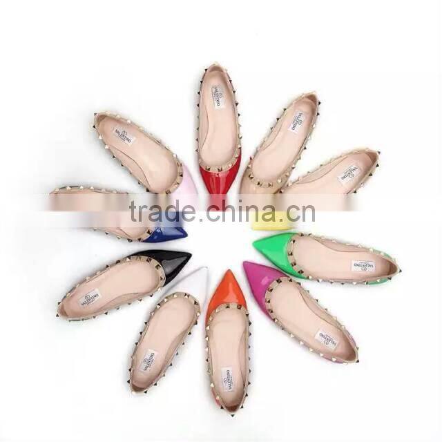 Pointed Toe Lamb Leather Ballet Flats Watercolor Flat Shoes Nice Plating Rivets 5mm heel