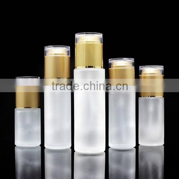 fancy glass bottle frosted cosmetic bottle with gold lid and different capacity