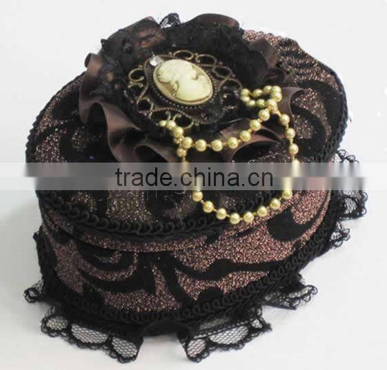 Jewelry Gift Box, Velveteen, with iron chain & Lace & Satin Ribbon & Resin & Zinc Alloy, Oval, brown,