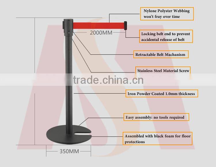 Black Museum Queue Line Retractable Belt Barrier Post Stanchion