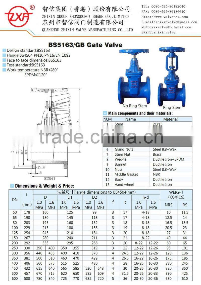 Ductile Iron BS5163 Resilient seated Gate Valve Light Type DN50-DN300,PN10,PN16