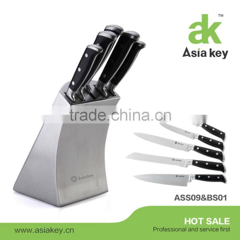 6Pcs Stainless Steel Kitchen Knife Set, Wooden Block Sharpener