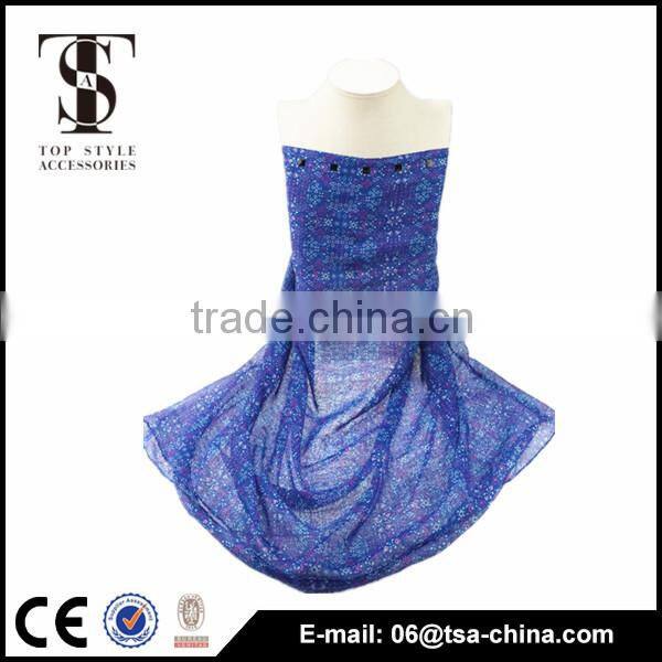 high quality printed women neck scarf blue color voile polyester scarve