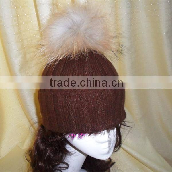 2016/2017 High Quality Winter Knitted Colorful Wool Beanie Hats with Raccoon Fur Pom poms