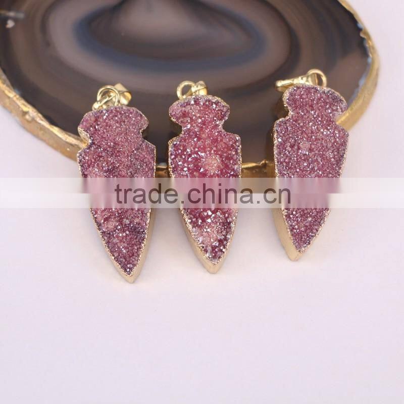 Titanium Agate Quartz Stone Pendant, Gold Plated edged Arrow Gem stone Pendant, For Jewelry Making