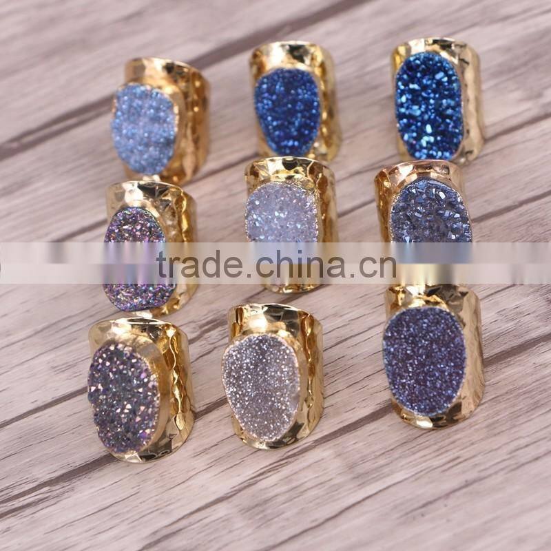 Gold Plated Natural Blue Agate Titanium Druzy Ring Freeform Drusy Gemstone Geode Jewelry Ring