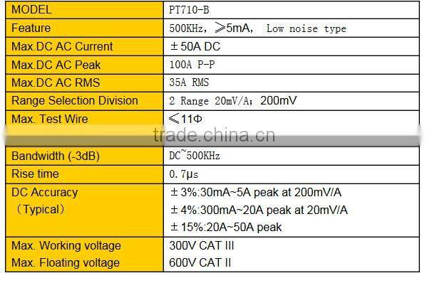 Current Probe PT710 -B 500KHZ 30mA-50A Max.DC AC Peak 100A P-P Range Selection Division 2 Range 20mV/A;200mV
