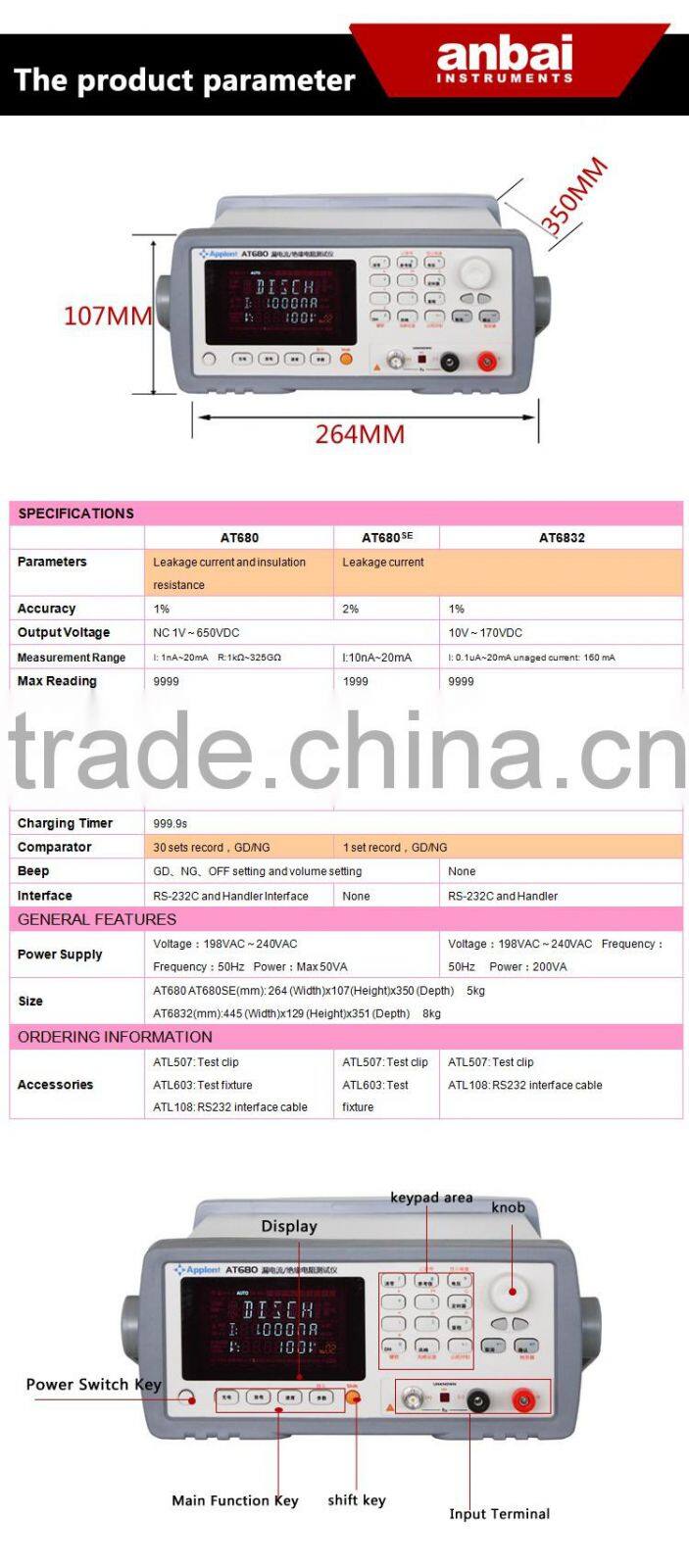 Hot Sale AT680 Leakage Current Tester with Timing Charger