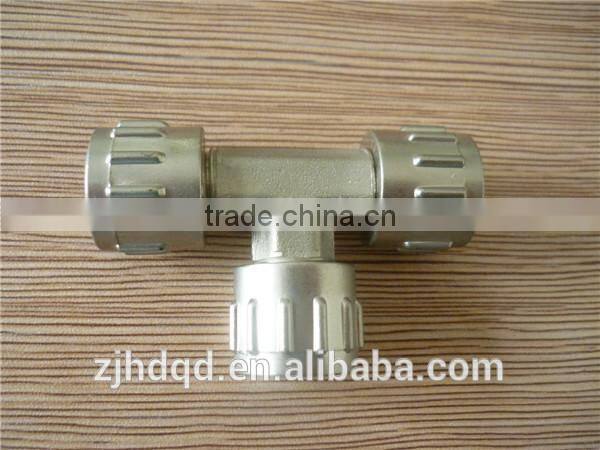 T-type connector with three milled nut (open nut ) ,high quality forged brass connector , bsp npt thread