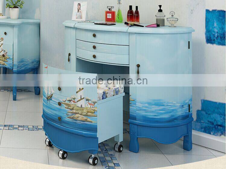 Mediterranean Style Dresser, Sailing Boat Handpainting Dressing Table and Chair, Wooden Multifunctional Dresser (BF01-X1155)