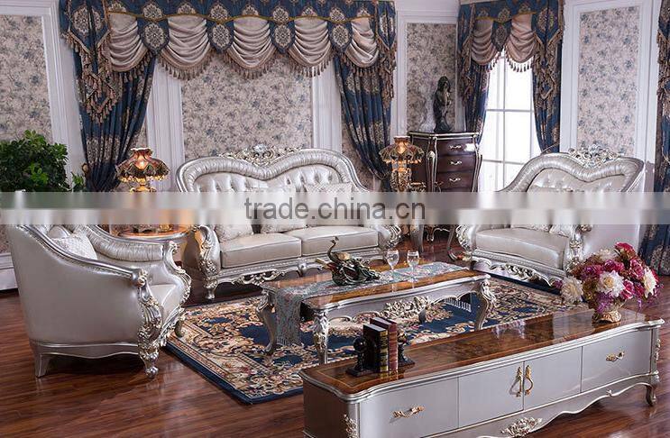 Graceful European noble living room furniture genuine leather sofa set
