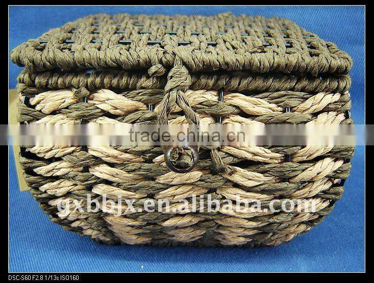 Brown square paper rope woven iron frame costume storage box