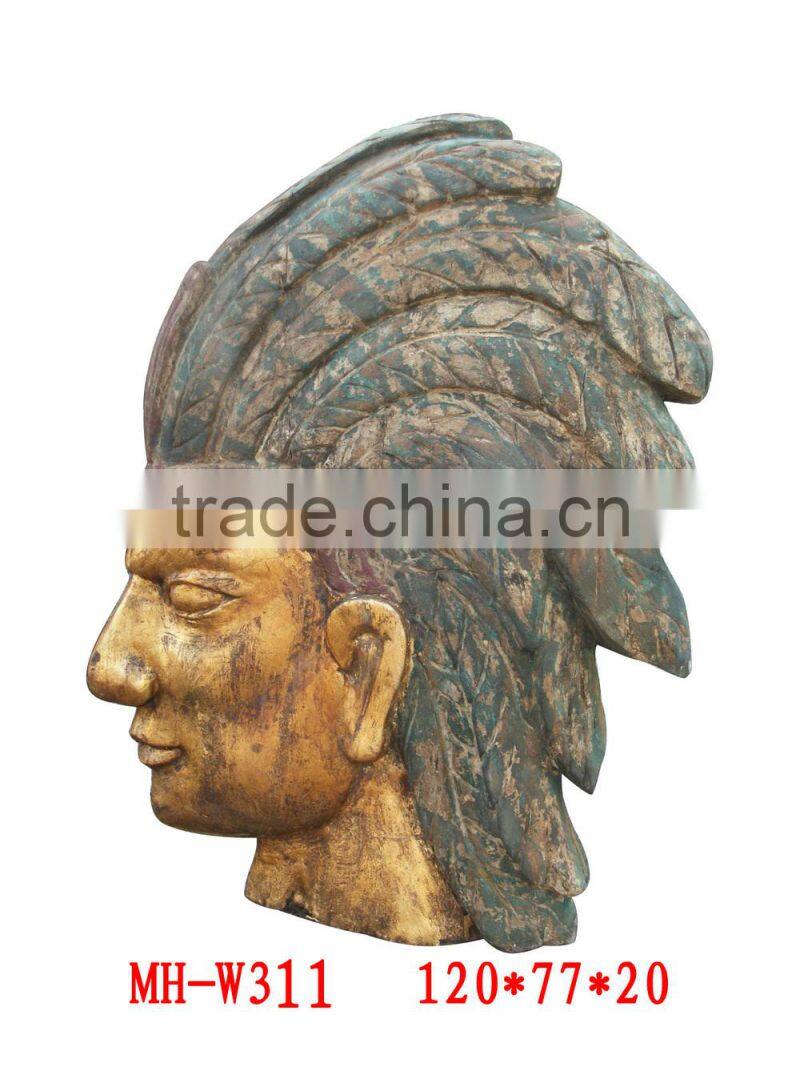 Antique wooden carving Indian head relief wall panel