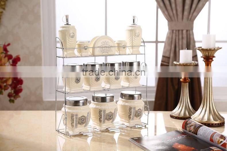ceramic porcelain canister,ceramic canister set,storage jar, with stainless metal stand