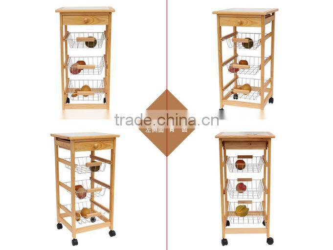 2016 good quality and competitive price wooden kitchen trolley with three metal wire brackets