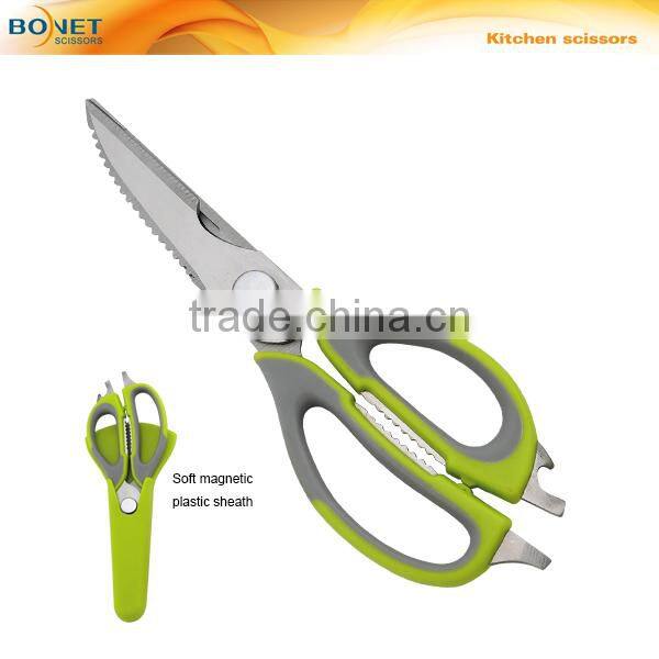 SKI0008 LFGB certificated 8-1/4" soft handle best quality kitchen scissors with safety cover