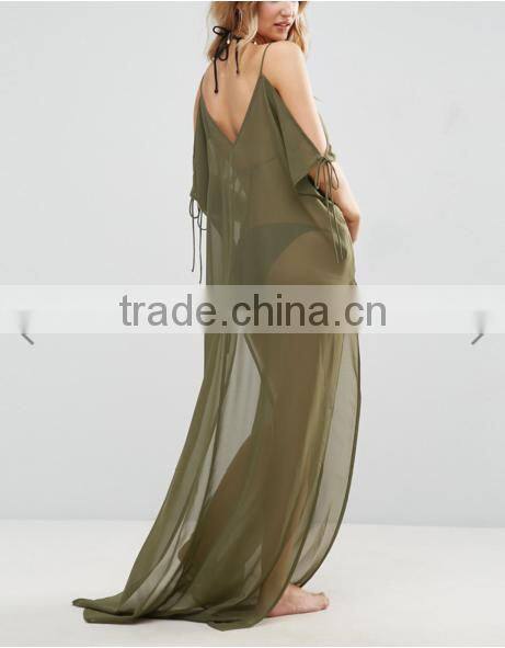 Summer New Style Sexy Plain V-neck Adjustable Straps Side Splits Olive Chiffon Floor-length Beach Kaftan with Cold Shoulders