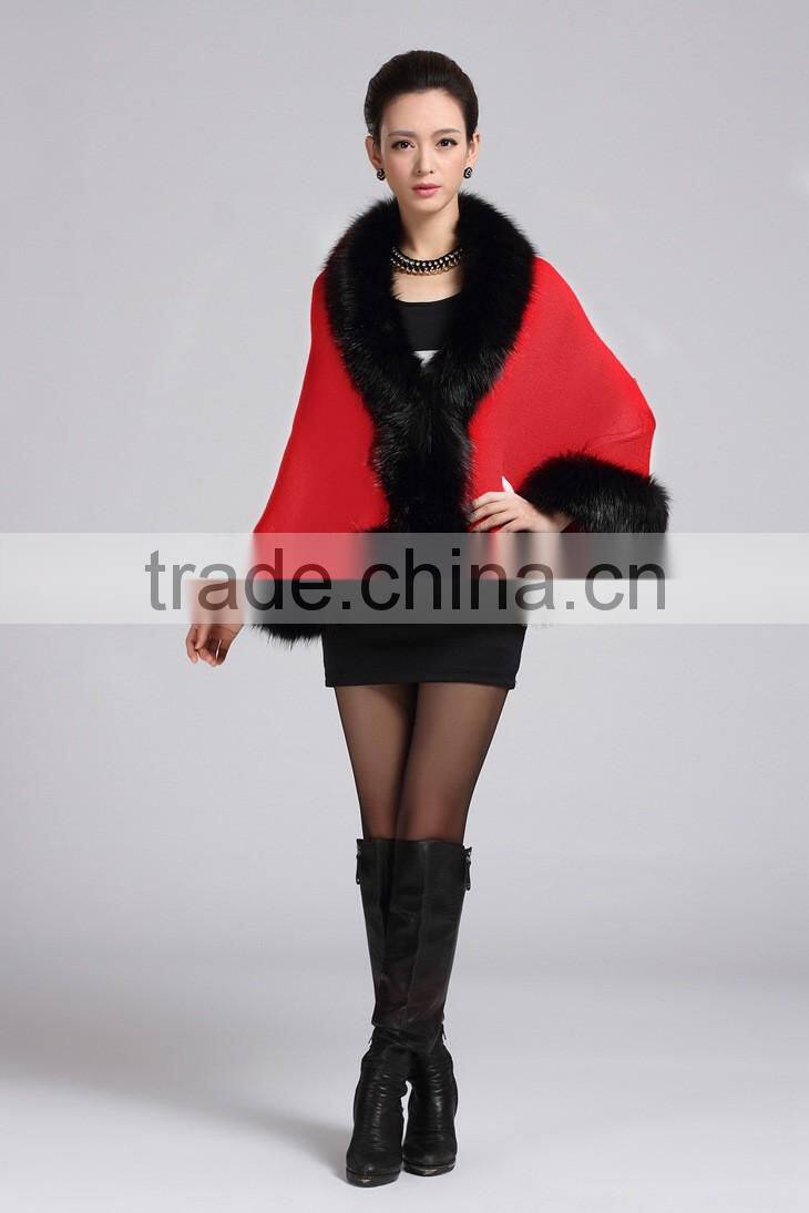 2015 winter fashion knitting with faux fox fur shawl woman cape