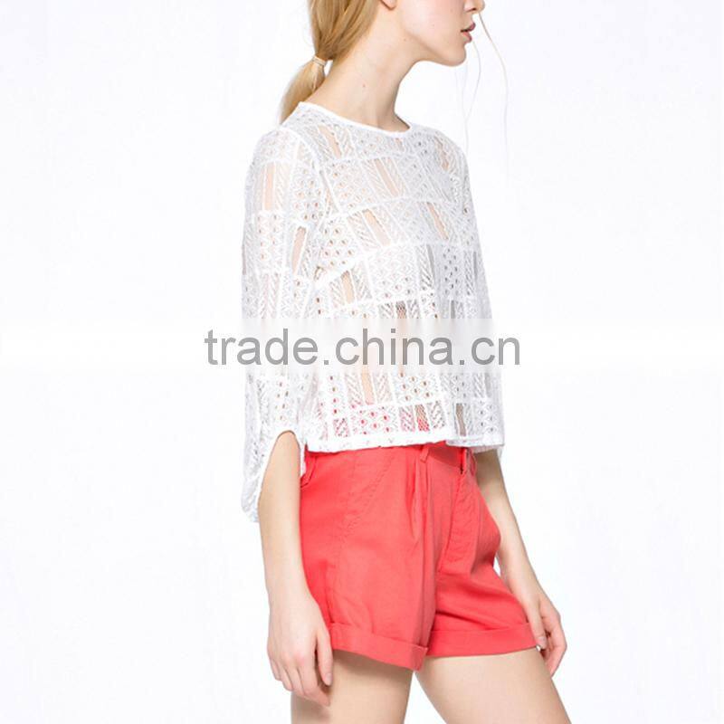 Fashion latest trendy high fashion crochet fabric women transparent blouse with half sleeve