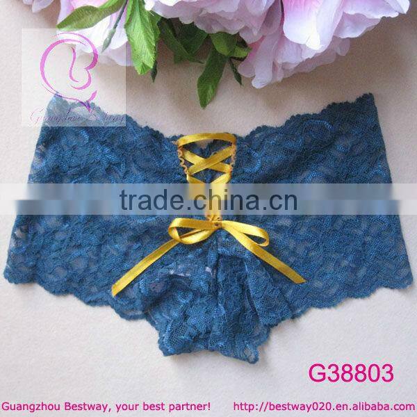 Sexy see-through lace boyshorts underwear with satin bow