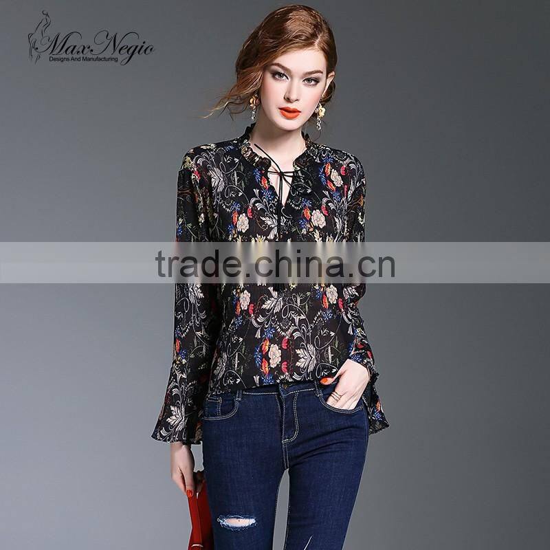 Maxnegio Lotus leaf sleeves blouse neck designs cutting fashion design lady blouse
