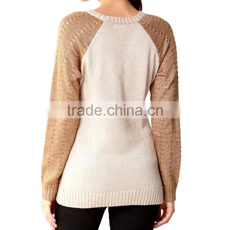 elegant contrast color crew neck raglan sleeve sweaters ladies knit pullover