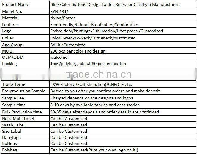 Blue Color Buttons Design Ladies Knitwear Cardigan Manufacturers