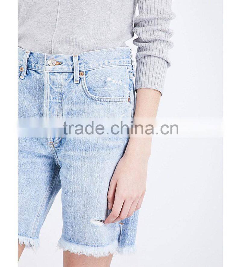 2017 hot sale OEM fashion style high-rise cotton boyfriend blue denim jeans shorts