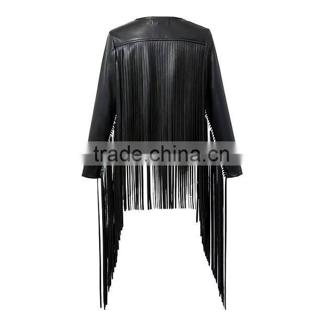 Women's pure leather lined no buttons jacket with tassels