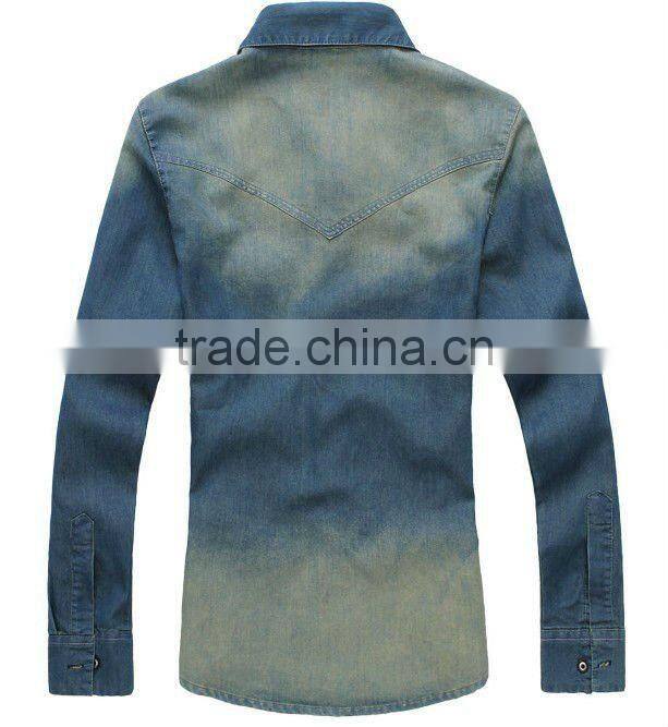 100% cotton dark blue washed long sleeve casual mens cowboy shirts with two pockets