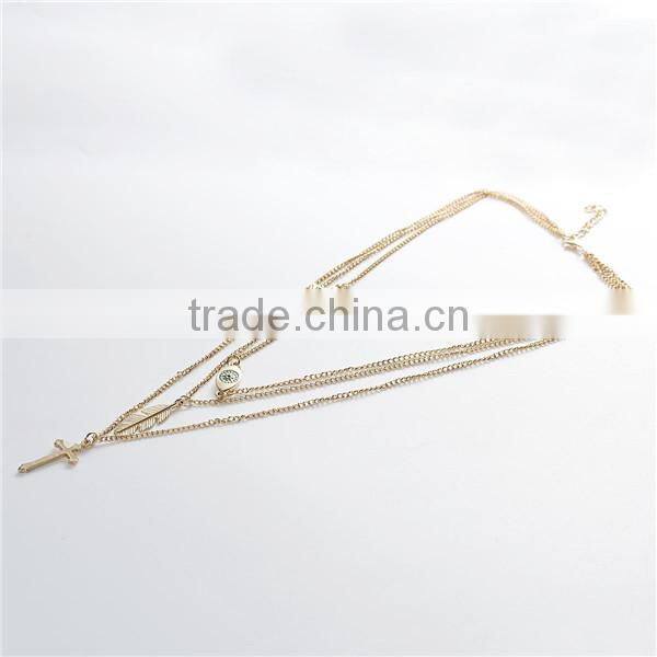 New Fashion Multilayer Layered Necklace Gold Plated With Feather Cross Eye Star Pendants 44.5cm long