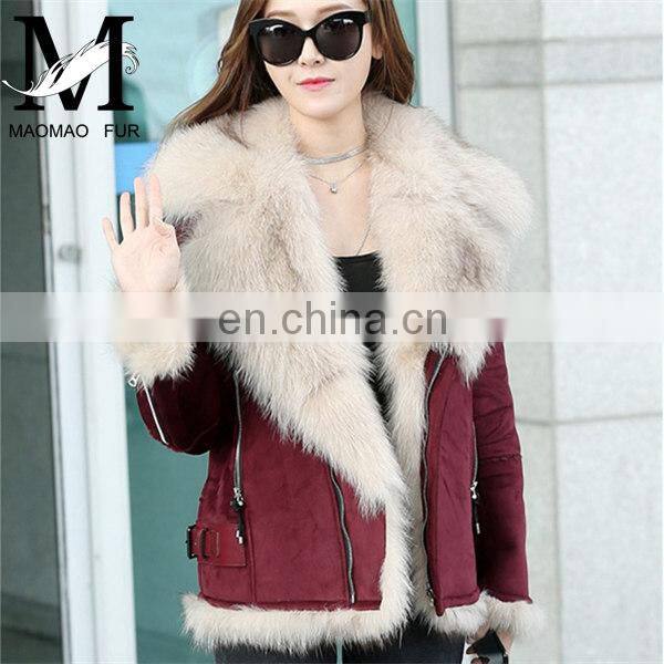 Winter Warm Fashion Real Large Raccoon Fur Collar Sheep Fur Coat / Genuine Merino Sheepskin Women's Leather Coat