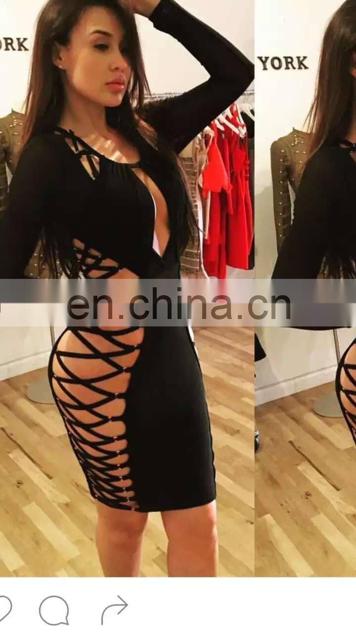 Amigo 2017 new design Black long sleeve cut out bingding revealing bandage dress midi prom dresses for hot body ladies