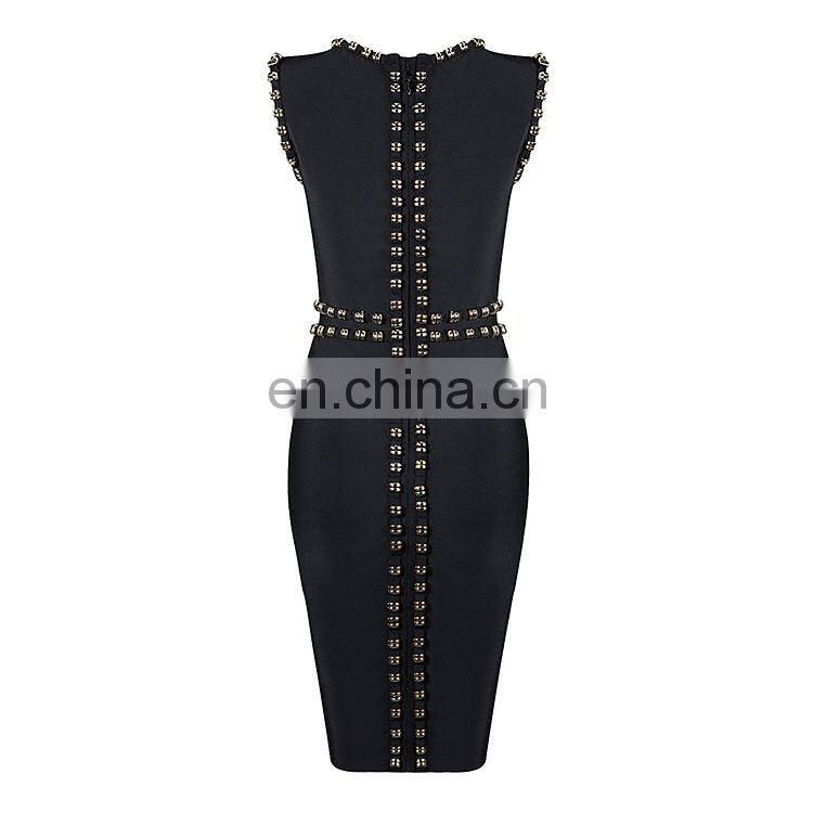 2017 fashion Black sleeveless O neck vent heavy beading beauty party dresses