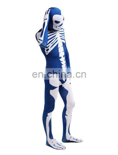 Blue & White Skeleton Nude Suit Tight Zentai Body Spandex Stretch Mens Jumpsuit Adult