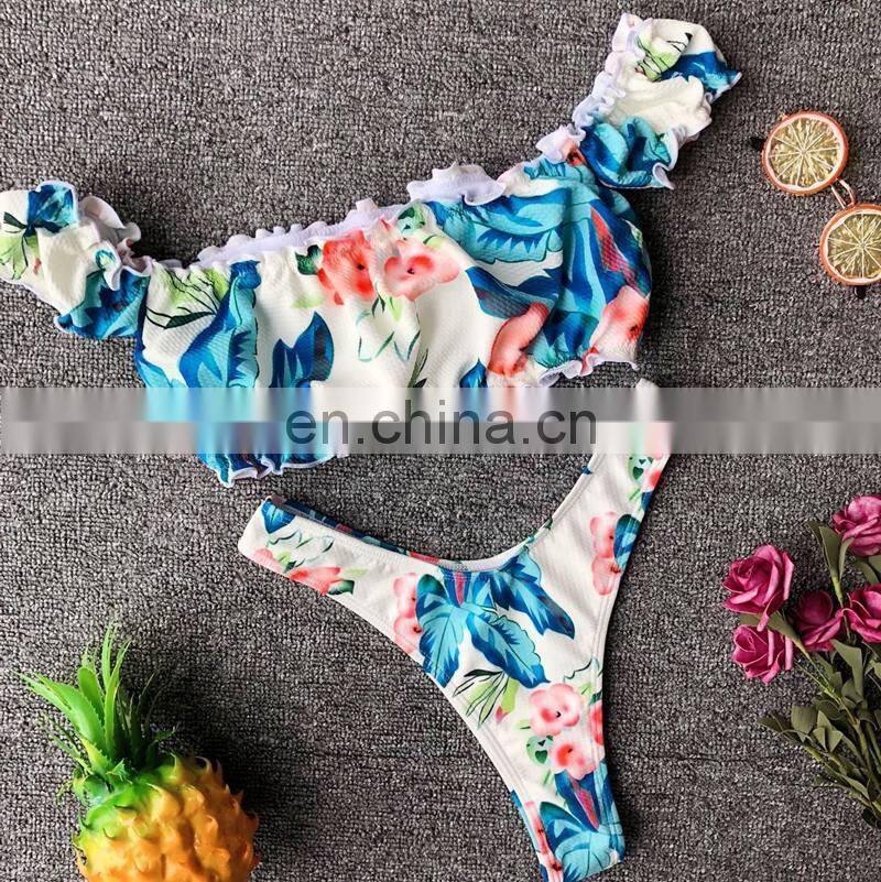 2019 Sexy Flower Print Bandeau Bikini Thong Swimsuit Women Push Up Swimwear Summer BeachWear Ruffle High Cut Bikini Bathing Suit