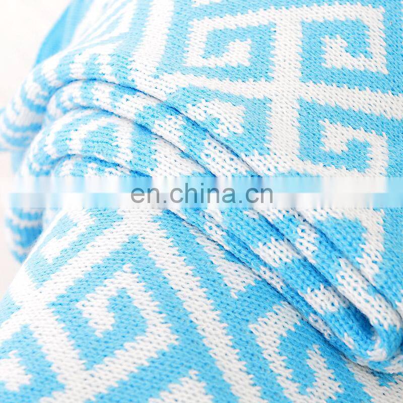 50''x60''Soft Geometric Pattern Cozy Blue Knitted Throw Blanket for Couch/Sofa/Travel