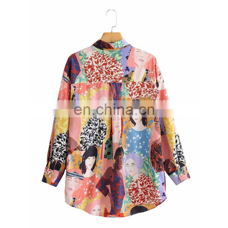 Clothing wholesale custom fashion trend women's casual loose color oil painting beauty printing long-sleeved shirt