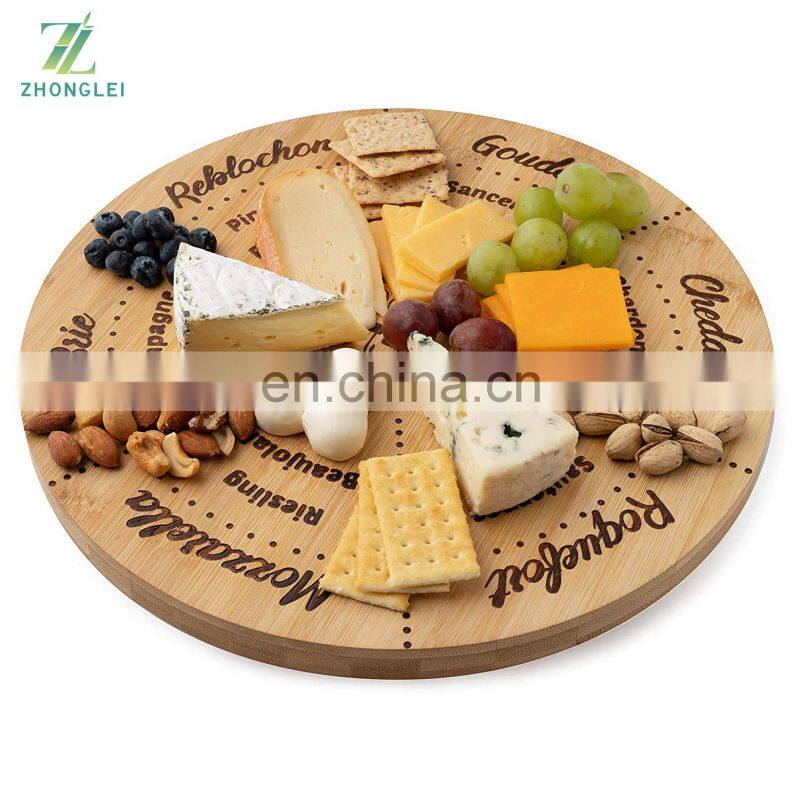 Hot selling Bamboo Wine Pairing Round Serving Tray, Rotating Kitchen Cheese Board And Knife Set For Lazy Susan