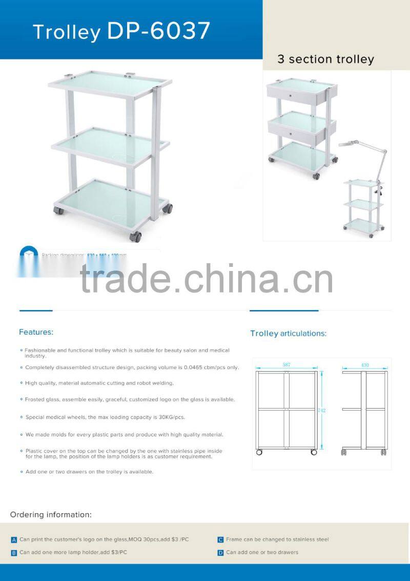 new fashion beauty spa equipment glass shelf trolley for sale