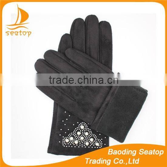new 2016 womans suede smart phone hand gloves with fake diamonds