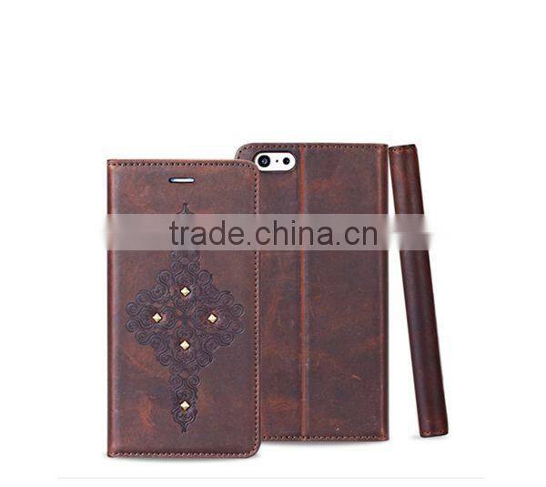 Vintage flower printing with Rivet leather case, for iphone 6 leather case