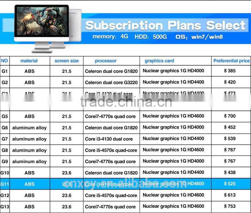 can run Windows Vista or 8 I3-4130 office pc XCY G11 4g ram and 500g hdd all in one desktop computer powerful windows