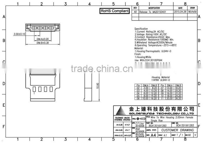 2mm Pitch Female Micro Connector Wire to Wire Housing Connector, Circuits 02~11 pins