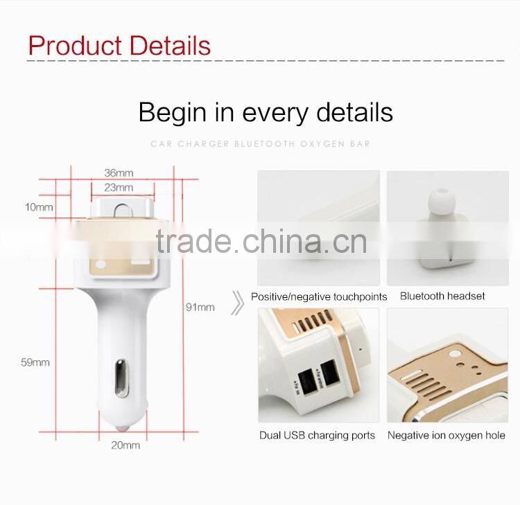 two USB port Car Charging Bluetooth Oxygen Bar with Bluetooth wireless headset for iphone android phone