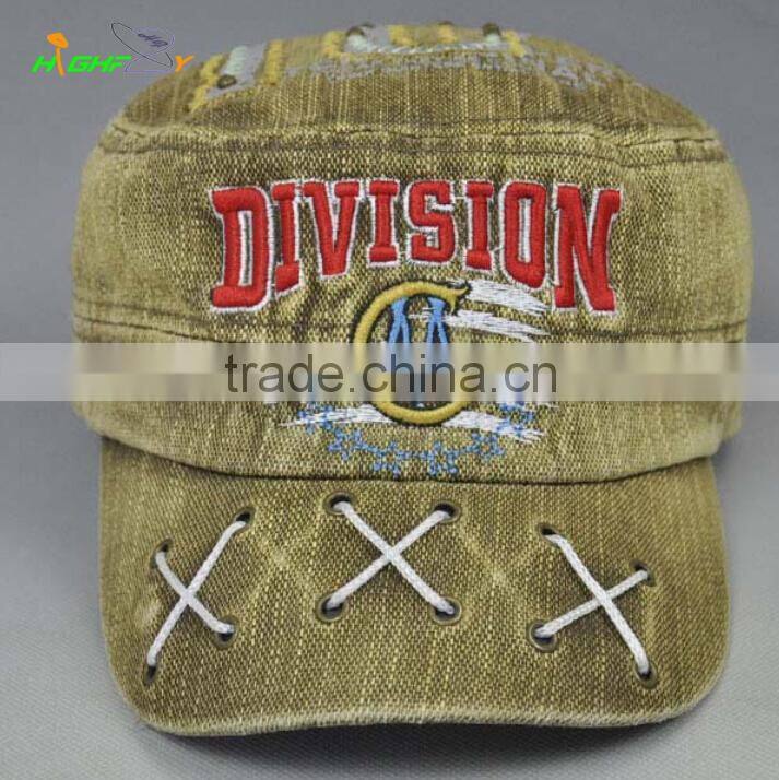100% cotton fashion flat top army hat distress washed fitted military cap