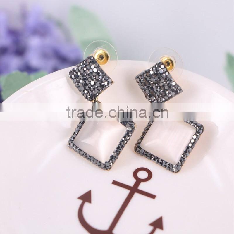 Fashion Gold Plated Stud Earrings, Pave Crystal Cat Eye Gemstone Druzy Earring