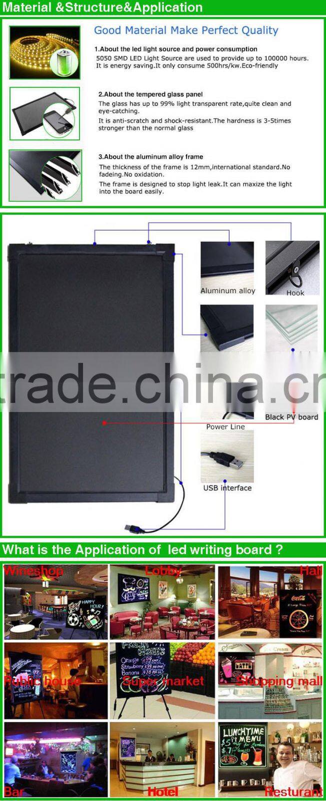 Outdoor Hotsale Tempered Glass Led Writing Menu Board for Hotel