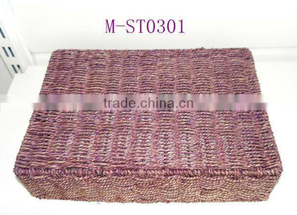 Purple rectangle straw storage basket with pink canvas liner