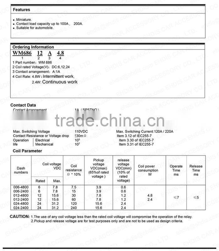 Heavy duty relay 12VDC 24V 200A auto start relay with terminal